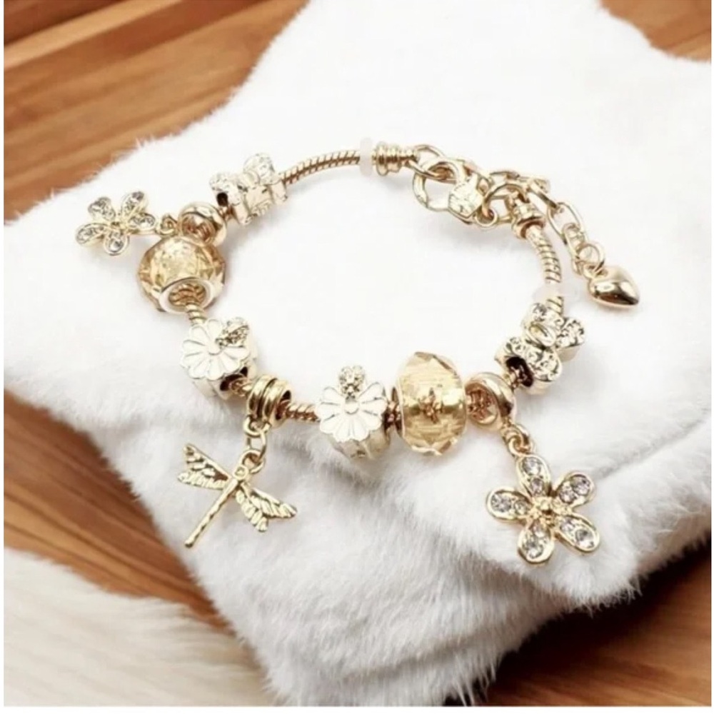 Luxurious Shiny Gold Alloy Beaded & Rhinestone Flower & Dragonfly Shaped Pendant